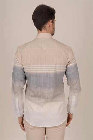 Panolu Bej Gri Çizgili Keten Slimfit Erkek Gömlek