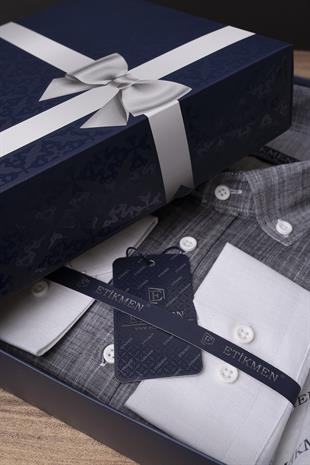 Panolu Gri Beyaz Geçişli Keten Slimfit Erkek Gömlek