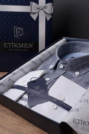 Panolu Gri Mavi Çizgili Keten Slimfit Erkek Gömlek
