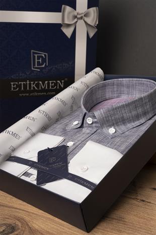 Panolu Gri Vişne Çizgili Keten Slimfit Erkek Gömlek