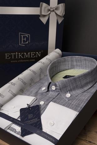 Panolu Gri Yeşil Çizgili Keten Slimfit Erkek Gömlek