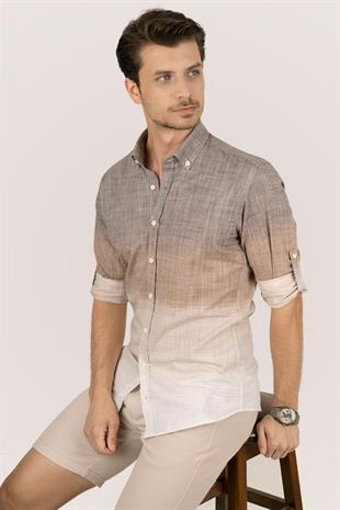 Panolu Kahve Bej Geçişli Keten Slimfit Erkek Gömlek