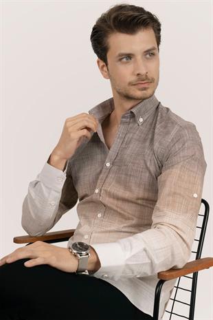 Panolu Kahve Bej Geçişli Keten Slimfit Erkek Gömlek