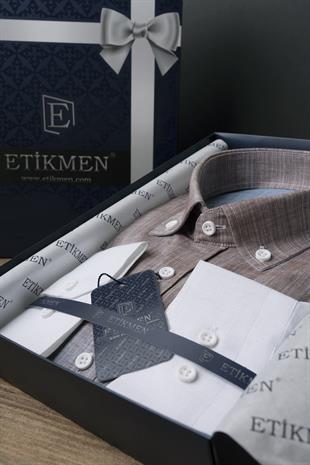 Panolu Kahve Mavi Geçişli Keten Slimfit Erkek Gömlek