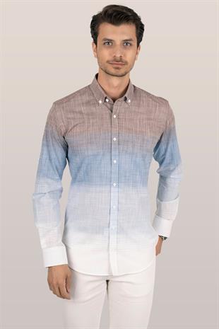 Panolu Kahve Mavi Geçişli Keten Slimfit Erkek Gömlek