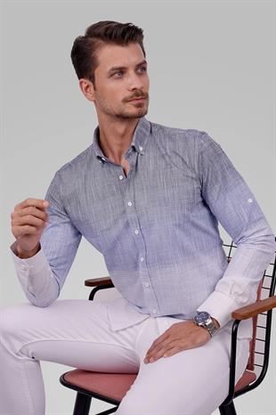 Panolu Mavi Gri Geçişli Keten Slimfit Erkek Gömlek