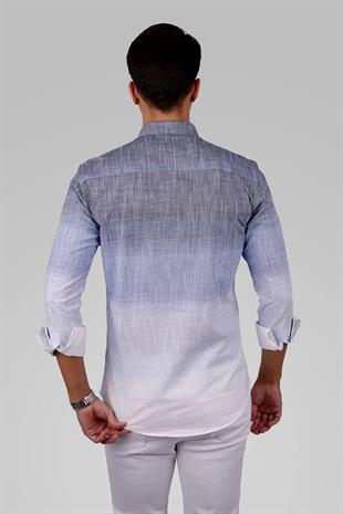 Panolu Mavi Gri Geçişli Keten Slimfit Erkek Gömlek