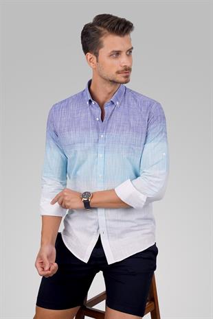 Panolu Mint Mavi Geçişli Keten Slimfit Erkek Gömlek