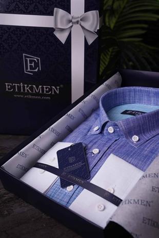 Panolu Mint Mavi Geçişli Keten Slimfit Erkek Gömlek