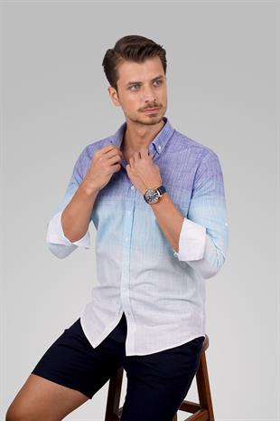 Panolu Mint Mavi Geçişli Keten Slimfit Erkek Gömlek