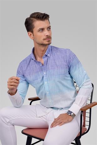 Panolu Mint Mavi Geçişli Keten Slimfit Erkek Gömlek