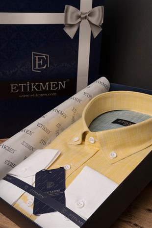 Panolu Sarı Yeşil Çizgili Keten Slimfit Erkek Gömlek