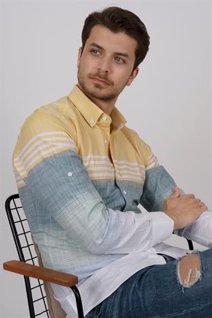 Panolu Sarı Yeşil Çizgili Keten Slimfit Erkek Gömlek
