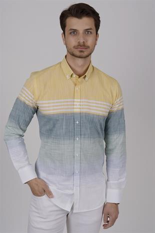 Panolu Sarı Yeşil Çizgili Keten Slimfit Erkek Gömlek
