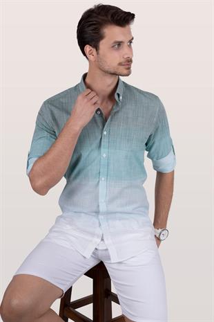 Panolu Yeşil Beyaz Geçişli Keten Slimfit Erkek Gömlek