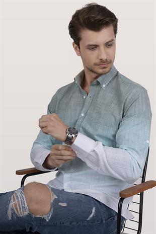 Panolu Yeşil Beyaz Geçişli Keten Slimfit Erkek Gömlek