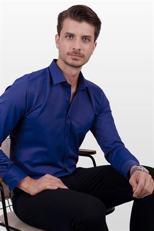 Parliament Mavisi Saten Slimfit Erkek Gömlek