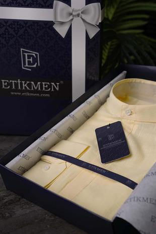 Sarı Hakim Yaka Keten Üç Düğmeli Erkek Gömlek