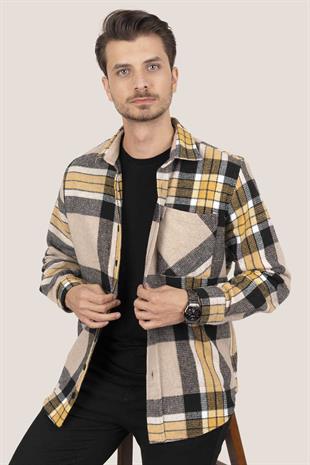 Sarı Siyah Geçişli Oversize Oduncu Erkek Gömlek