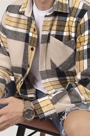 Sarı Siyah Geçişli Oversize Oduncu Erkek Gömlek