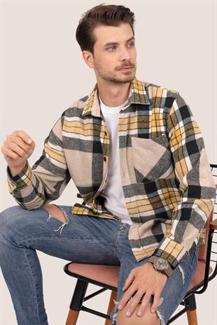 Sarı Siyah Geçişli Oversize Oduncu Erkek Gömlek