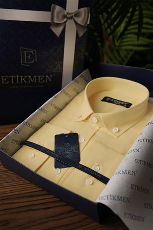 Sarı Yaka Düğmeli Keten Slimfit Erkek Gömlek