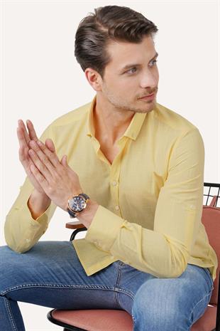 Sarı Yaka Düğmeli Keten Slimfit Erkek Gömlek