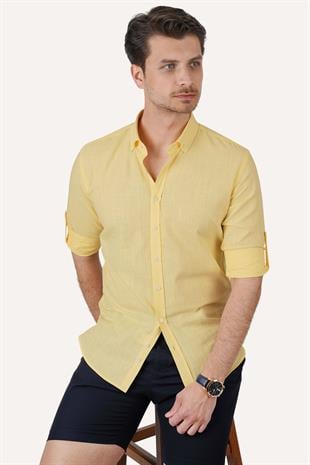 Sarı Yaka Düğmeli Keten Slimfit Erkek Gömlek