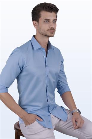 Koyu Mavi Saten Slimfit Erkek Gömlek