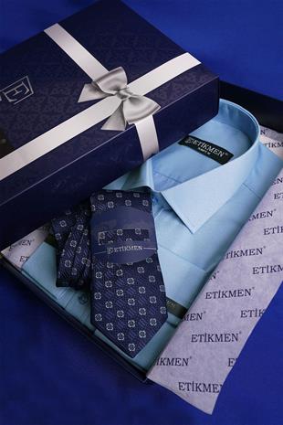 Koyu Mavi Saten & Lacivert Turuncu Desen Hediye Kutulu Gömlek Kravat Seti 
