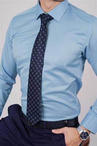 Koyu Mavi Saten & Lacivert Turuncu Desen Hediye Kutulu Gömlek Kravat Seti 