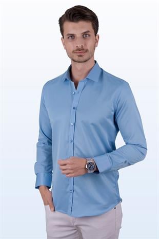 Koyu Mavi Saten Slimfit Erkek Gömlek