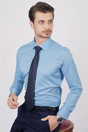 Koyu Mavi Saten & Lacivert Turuncu Desen Hediye Kutulu Gömlek Kravat Seti 