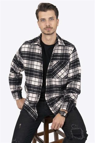 Siyah Beyaz Geçişli Oversize Oduncu Erkek Gömlek