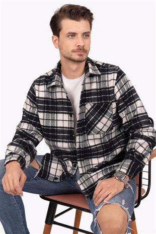 Siyah Beyaz Geçişli Oversize Oduncu Erkek Gömlek