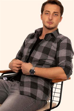 Siyah Füme Dama Desenli Slimfit Oduncu Erkek Gömlek