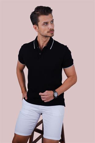 Siyah Gri Yaka Çizgili Erkek Polo Yaka Tişört