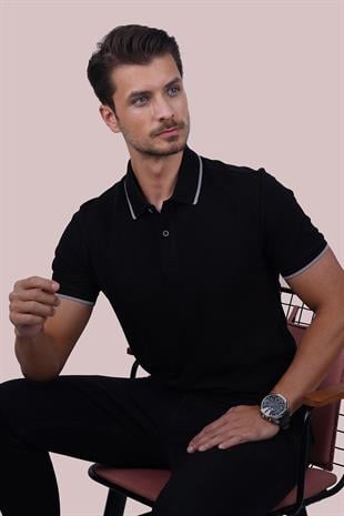 Siyah Gri Yaka Çizgili Erkek Polo Yaka Tişört