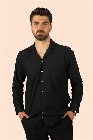 Siyah Keten Apaj Yaka Oversize Erkek Gömlek