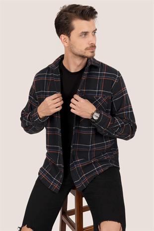 Siyah Kiremit Çizgili Oversize Oduncu Erkek Gömlek