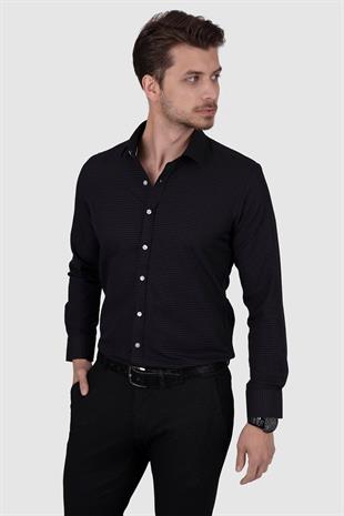 Siyah Nokta Desenli Slimfit Erkek Gömlek