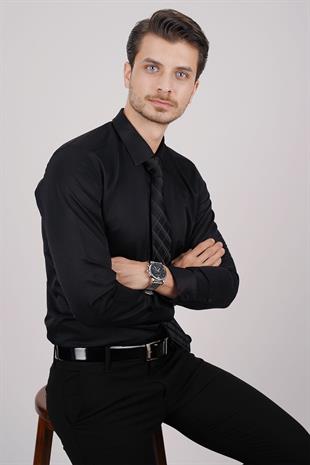 Siyah Saten & Siyah Baklava Desen Hediye Kutulu Gömlek Kravat Seti 