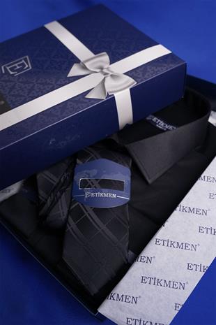 Siyah Saten & Siyah Baklava Desen Hediye Kutulu Gömlek Kravat Seti 