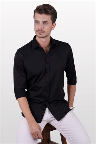 Siyah Saten Slimfit Erkek Gömlek