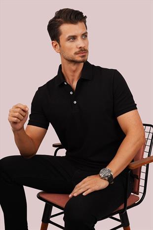 Siyah Yaka Desenli Erkek Polo Yaka Tişört