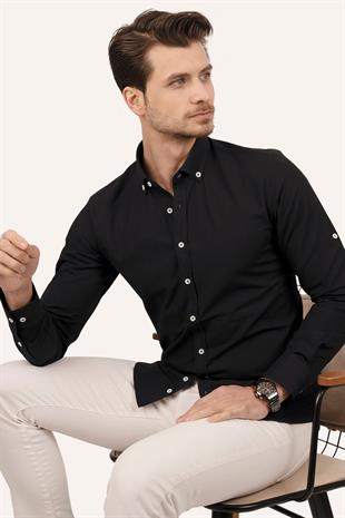 Siyah Yaka Düğmeli Keten Slimfit Erkek Gömlek