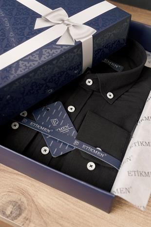 Siyah Yaka Düğmeli Keten Slimfit Erkek Gömlek