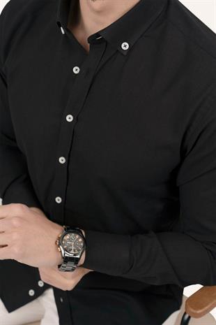 Siyah Yaka Düğmeli Keten Slimfit Erkek Gömlek