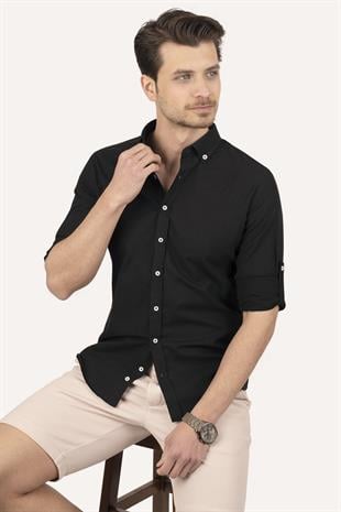 Siyah Yaka Düğmeli Keten Slimfit Erkek Gömlek