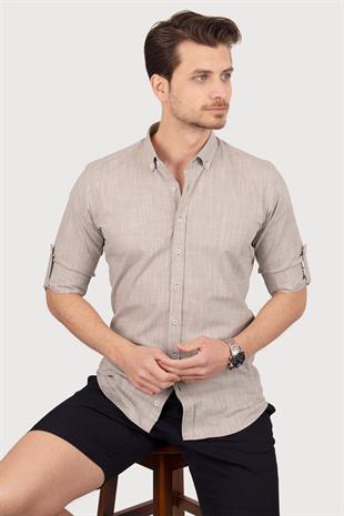 Sütlü Kahve Yaka Düğmeli Keten Slimfit Erkek Gömlek